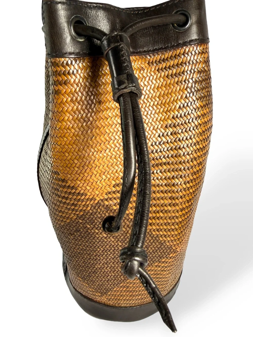 Source Unknown Brown and Black Woven Rattan / Leather Drawstring Crossbody Bag